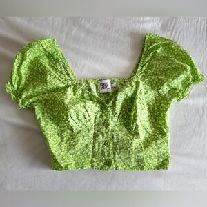Princess Polly Laguna Floral Crop Top 4 Puff Sleeve Green White Dainty Milkmaid